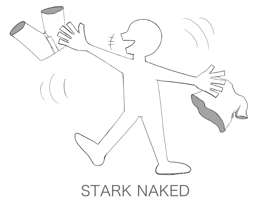 服を脱ぎ捨てる人物を描いたStark Nakedのロゴ